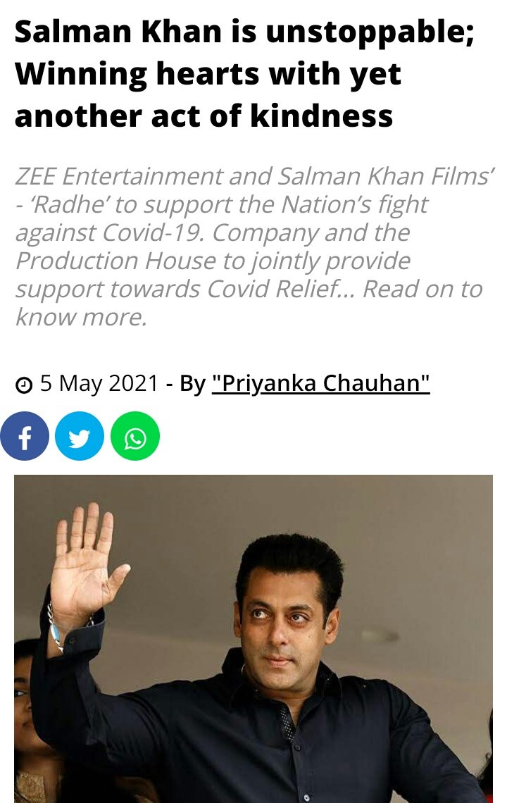 [12].  #SalmanKhan Along With  @ZeeStudios_ Together Have Pledged to Provide Support Towards Covid Relief Work Across India, Which Will Include The Donation of OXYGEN CYLINDERS, VENTILATORS & CONCENTRATORS Via The Revenue Generated From  #Radhe's Global Release On May13!(9/n)