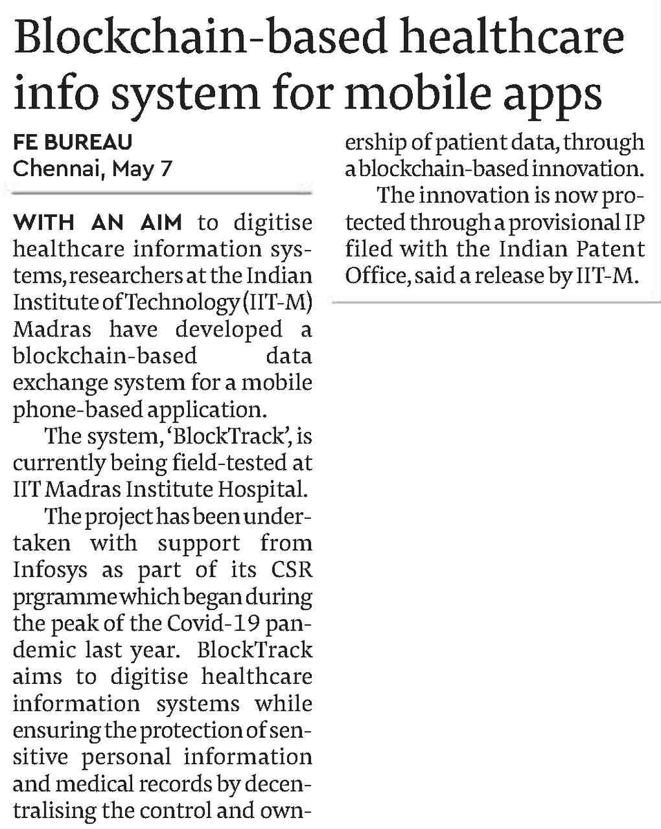 FGCTweets's tweet photo. #IITMadras Researchers Develop #Blockchain-based #HealthcareInformationSystems for #MobilePhone #Apps 
@EduMinOfIndia @iitmadras #CSR https://t.co/a0Sddte7YX