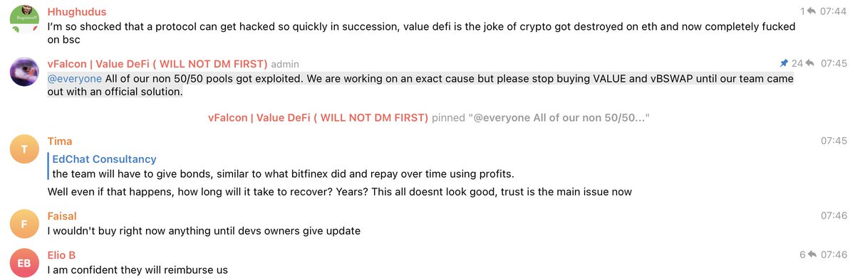 1/8Another weekend with a DeFi exploit on BSC, and this time the AMM called vSwap from  @value_defi is in trouble.About $11M was stolen today from non 50/50 pools, in addition to $6M already lost this week as a result of contract reinitialization.Let’s see what happened