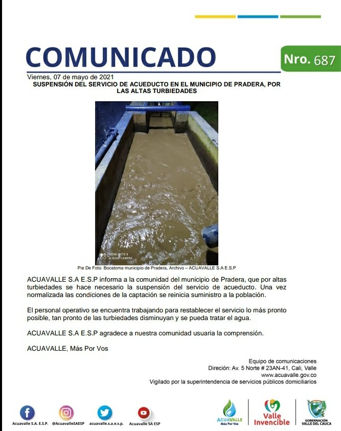 AcuavalleSAESP's tweet photo. ¡Atención municipio de #Pradera! Debido a las altas turbiedades, se hace necesaria la suspensión temporal del servicio.
#AcuavalleMásPorVos #TrabajamosPorVos #MásInfraestructura #MásComunidad #Agua #Acuavalle #ValleDelCauca @PraderaCrece https://t.co/cLwtjhE27Q