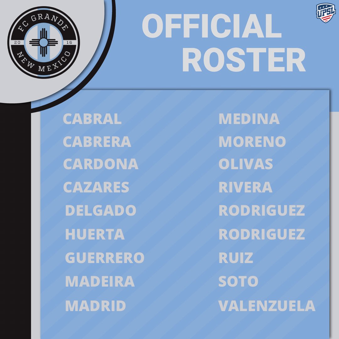 Our roster for our game against Southwest FC ⚽️ #FCGrande #UPSL #OfficialRoster