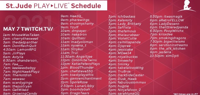 bbrewer888's tweet photo. Check out the @StJudePLAYLIVE schedule now!! Hop on and support these amazing donors on their journey to raising money for the non-profit! Here you can also #donate to help the kids at @StJude who are battling childhood cancer. No donation is too small! #InThisTogether https://t.co/sW71lPgnXL