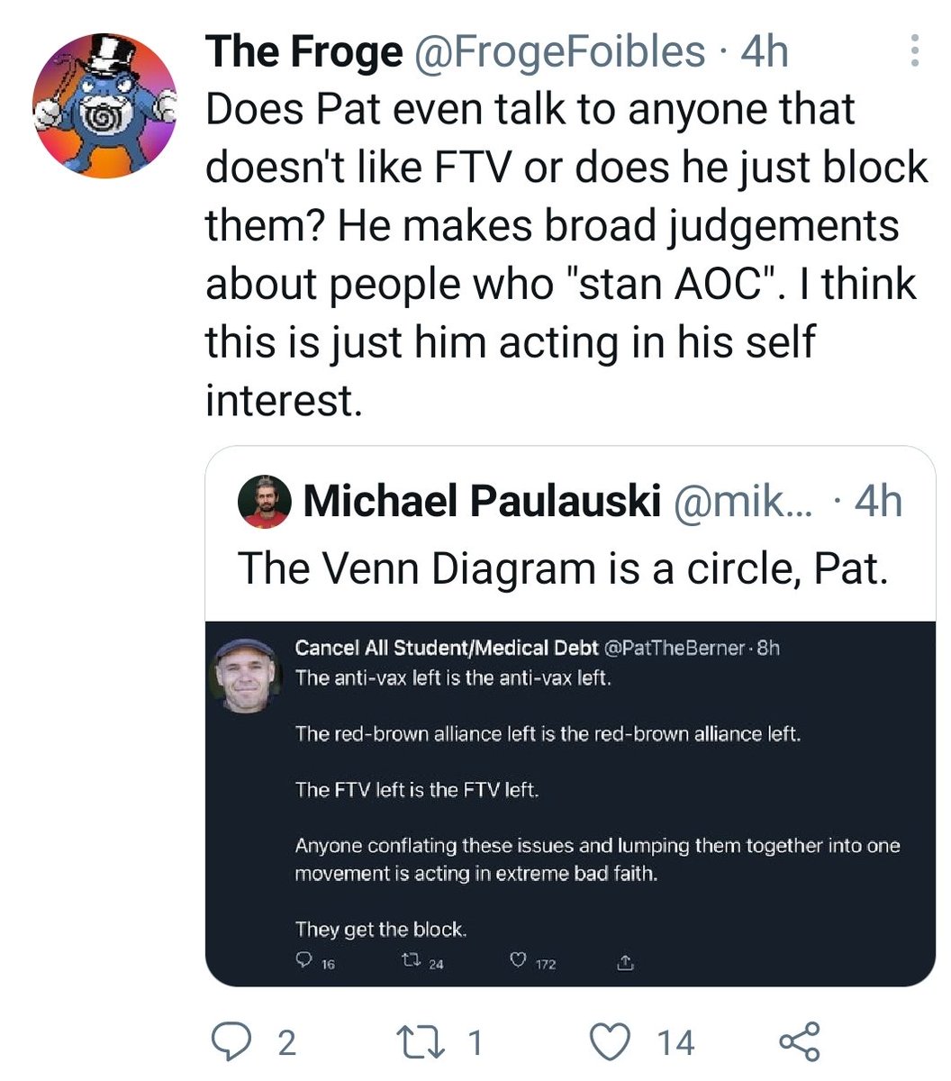 "Pat majes broad judgments about people who stan FTV." Uh, no, no I don't."If you present receipts you get blocked." Again, no, but I do block people with persistent logic problems."He's really into saying 'bad faith.'" Well, yes, it's an apt description of these clowns.