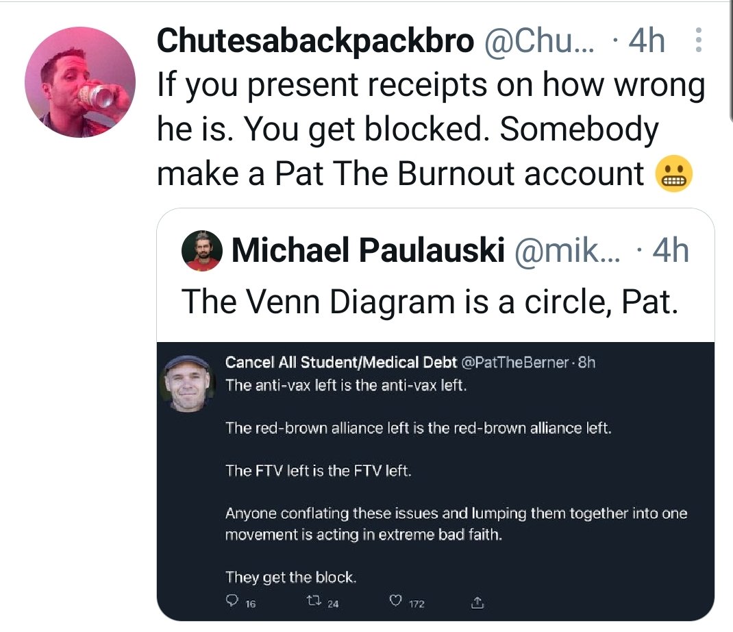 "Pat majes broad judgments about people who stan FTV." Uh, no, no I don't."If you present receipts you get blocked." Again, no, but I do block people with persistent logic problems."He's really into saying 'bad faith.'" Well, yes, it's an apt description of these clowns.