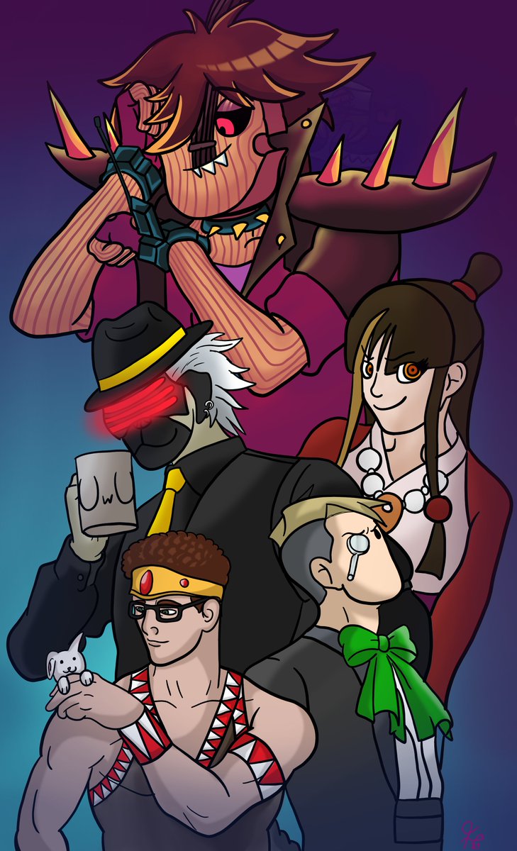 fiddl3head's tweet photo. Drew myself and the lads (@Mr__Jonah, @tincanbell, @timpoleon + a dude who's not on here) as only the very best Ace Attorney characters.
(Acro, Luke Atmey, Godot, Maya Fey and Matt Engarde) https://t.co/YS3OtOQ5Mn
