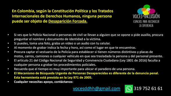 VocesInclusion's tweet photo. Ninguna Persona puede ser objeto de #DesapariciónForzadaEnColombia
#SOSColombiaDDHH 
#ColombiaAlertaRoja https://t.co/vaJduzOpHa
