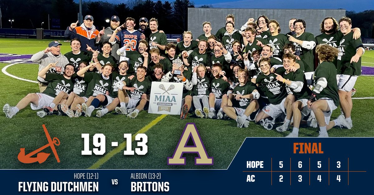 MIAA CHAMPIONS! Hope 19, Albion 13. <a href="/HopeLacrosse/">Hope College Men's Lacrosse</a> wins the <a href="/MIAA1888/">#D3MIAA Sports</a> Tournament title game and clinches a berth in the NCAA Division III Tournament. #BeStrongBeTrue #d3lax