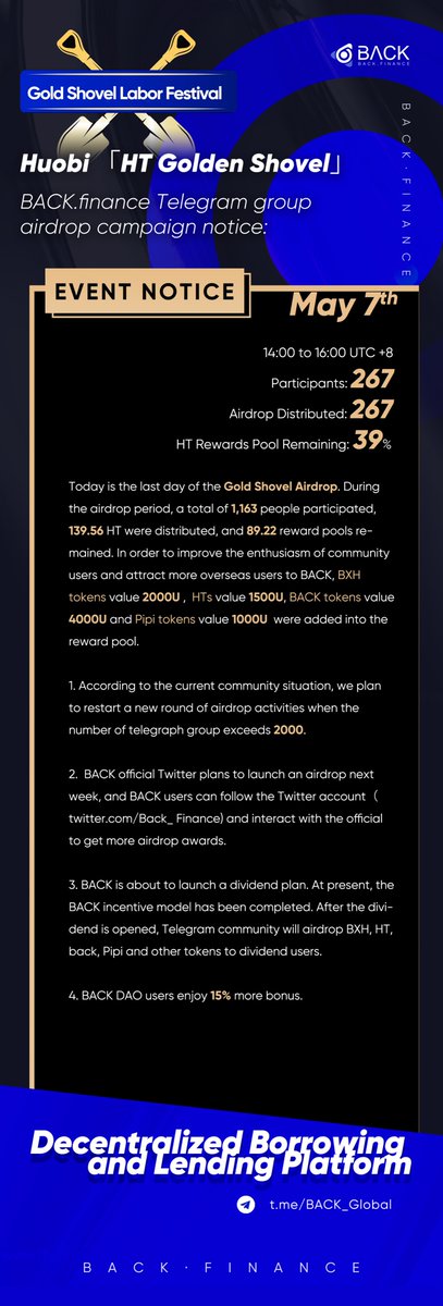 #BACK TG #Airdrops notice(7th May）

🔥$2000 BXH, $1500 HT, $4000 BACK and $1000 Pipi tokens were added into the reward pool.
🔥A new round of airdrops will start in BACk TG group and Twitter.
🔥 BACK is about to launch a dividend plan.

➡️Follow <a href="/Back_Finance/">Back Finance</a> to join the airdrop