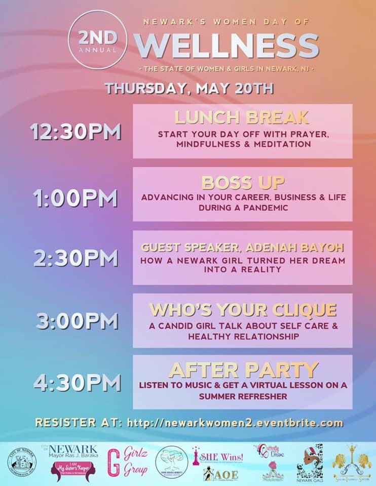 Gals,

Join us on May 20 for our 2nd Annual of Newark Women’s Day of Wellness. This year we are partnering with all of the women &amp; girls organizations in the City to bring this event to you. There is something for everyone. 

Register today:
newarkwomen2.eventbrite.com