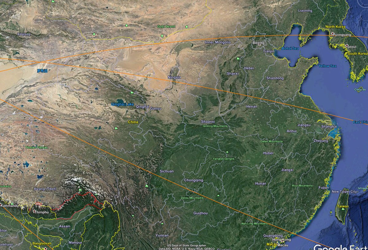 In China, there are tracks passing close to Beijing, Chengdu, and Guangdong; note also a track passing right by Pyongyang in North Korea.