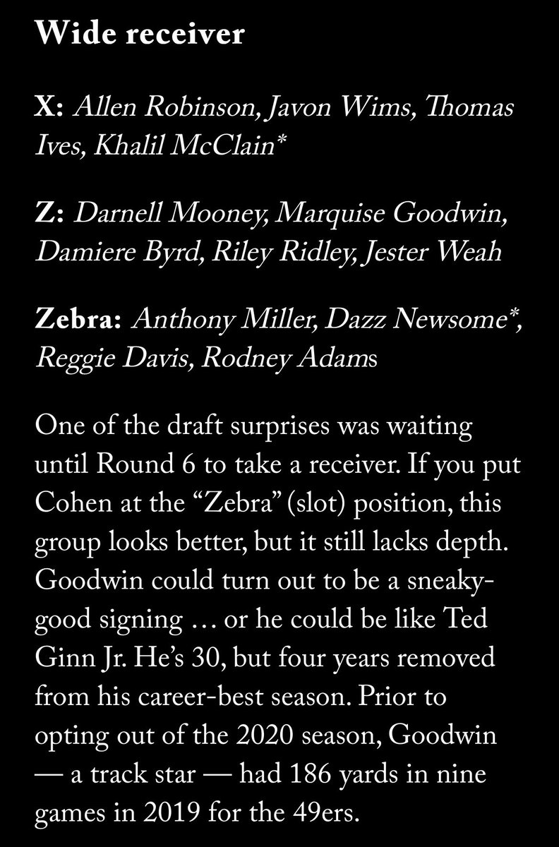 Now that Chicago has a competent QB, lots of eyes are on the WRs. Aside from Robinson:Mooney, nobody seems safe. Chicago’s obviously frustrated with Miller, so Dazz Newsome might get a shot (which would help  @peteroverzet and  @FieldYates), but unlikely he gets a huge opportunity.