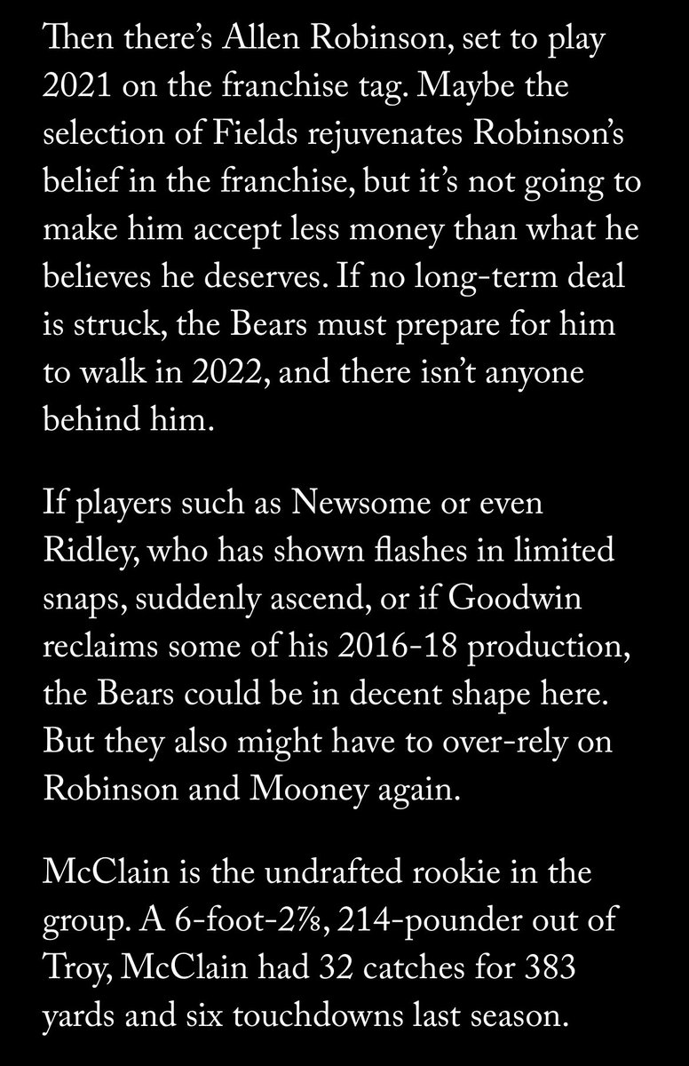 Now that Chicago has a competent QB, lots of eyes are on the WRs. Aside from Robinson:Mooney, nobody seems safe. Chicago’s obviously frustrated with Miller, so Dazz Newsome might get a shot (which would help  @peteroverzet and  @FieldYates), but unlikely he gets a huge opportunity.