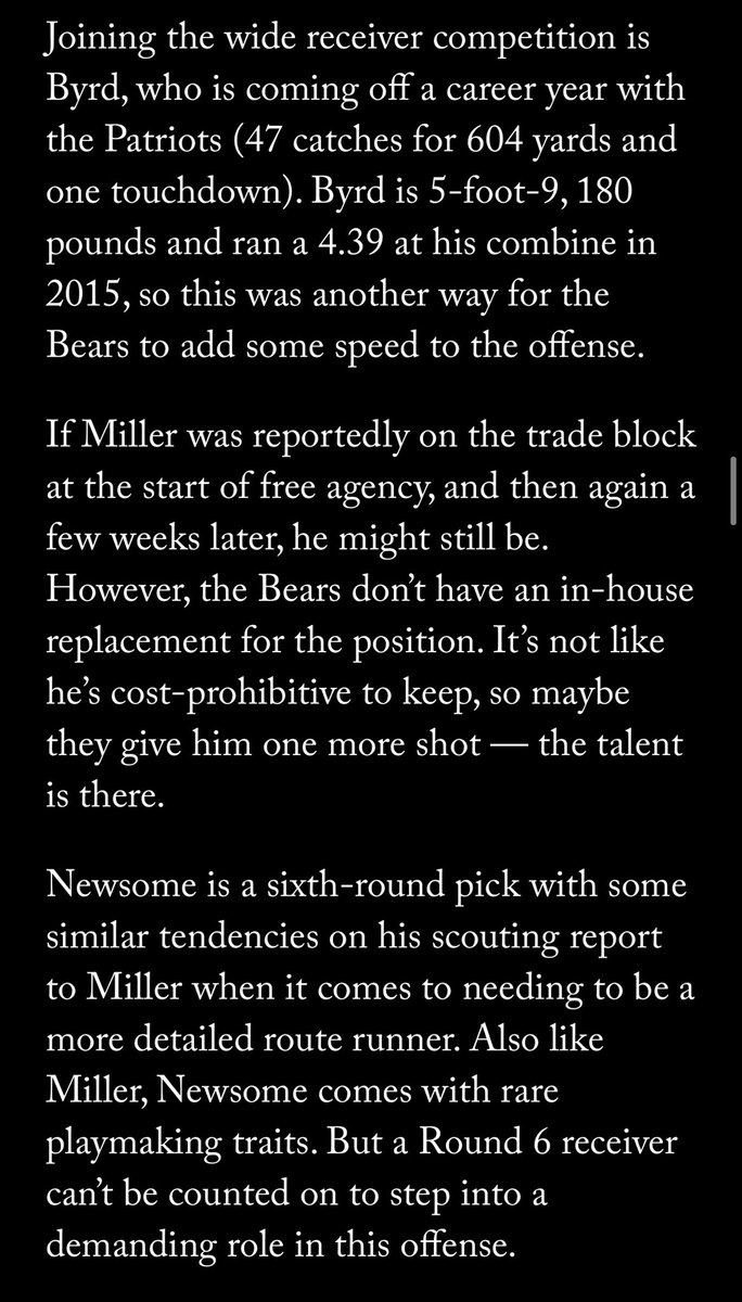 Now that Chicago has a competent QB, lots of eyes are on the WRs. Aside from Robinson:Mooney, nobody seems safe. Chicago’s obviously frustrated with Miller, so Dazz Newsome might get a shot (which would help  @peteroverzet and  @FieldYates), but unlikely he gets a huge opportunity.