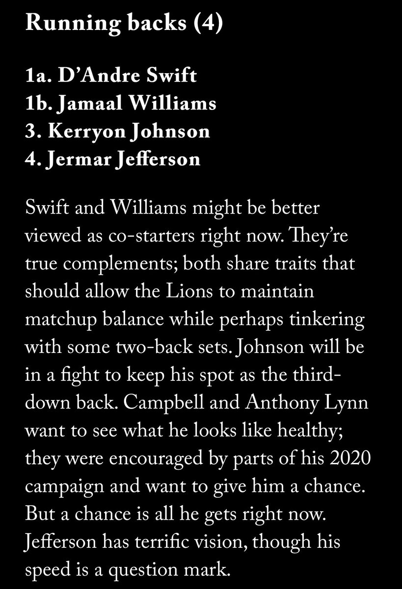 I know Kerryon Johnson is gone now, but naming Jamaal Williams the 1b to Swift’s 1a is....something. This is just a projection from the best writer, but Swift is not in the clear as a workhorse.