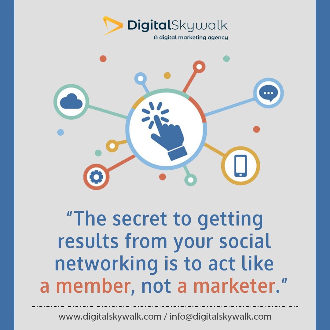 DigitalSkywalk's tweet photo. “The secret to getting results from your social networking is to act like a member, not a marketer.”
. 
. 
. 
. 
#quotes  #motivation #inspiration #quoteoftheday #instagram #motivationalquotes #instagood #inspirationalquotes  #mindset   #socialmediamarketing
#digitalmarketing https://t.co/xpehbLutTV
