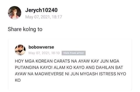 coupieeeeeee's tweet photo. So this is the reason why Jun doesn't post on the weverse anymore? Oh my ghad! You call yourself a CARAT but you don't like Jun? Just leave this family. Jun doesn’t deserve this kind of treatment. He's innocent and sweet he deserve's better.
#ProtectJun #SEVENTEEN @pledis_17 https://t.co/fjuugiLq6S