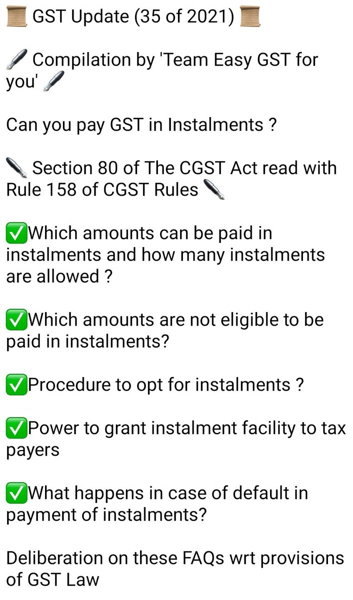 GK2627's tweet photo. https://t.co/4QgyCMAE9j
During these difficult times of COVID Pandemic, the tax payers should assess if they can opt for Instalment facility to pay GST. The facility not available for self assessed sums.
#EasyGST4U
#GstAmnestyWithITC
#GSTTAX
#Latefees
#GSTinterest https://t.co/2NbXuMG2Di