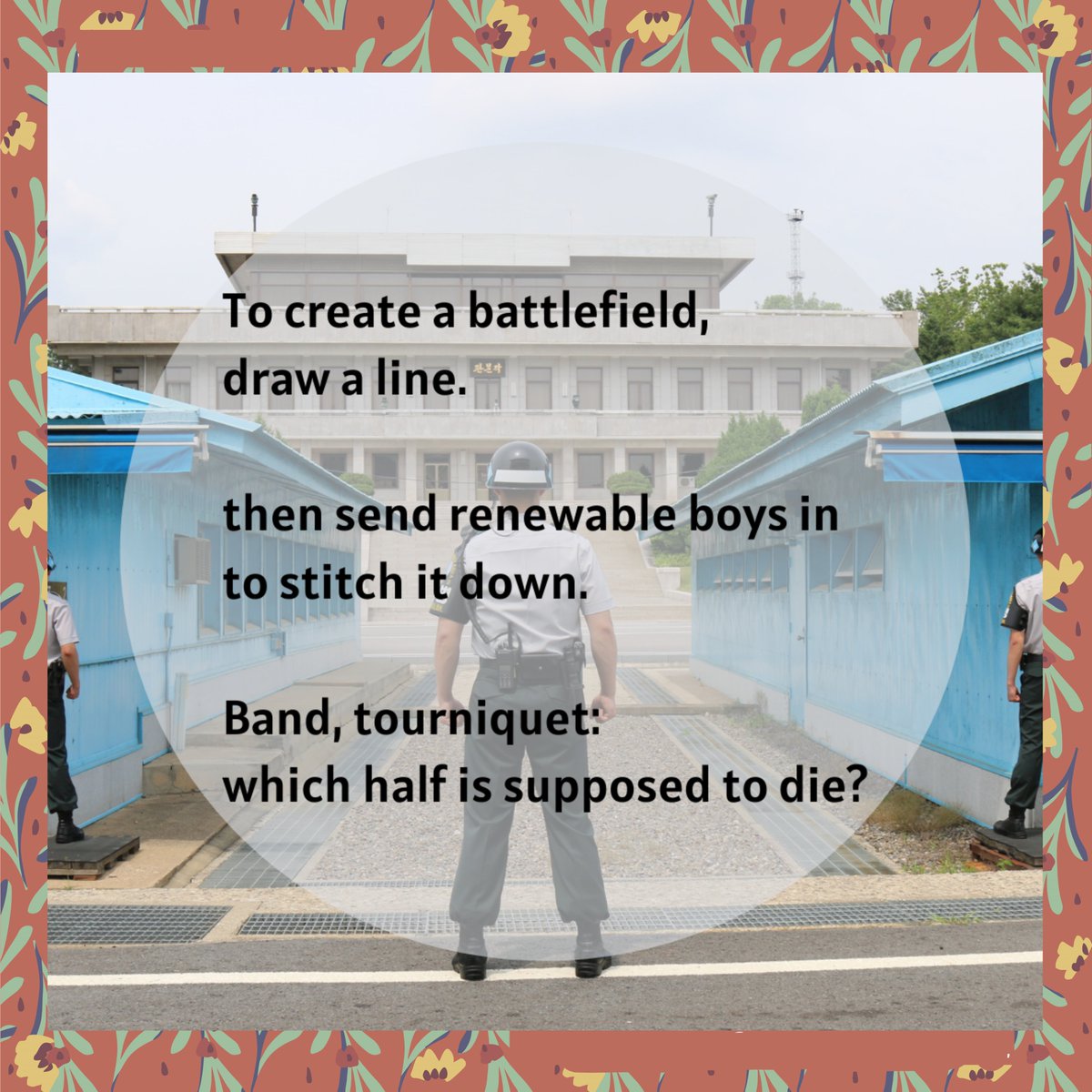 ConsequenceF's tweet photo. Elaine Johanson’s beautiful video poem “DMZ” examines and undermines the brutality and corruption of war with delicacy, quietude, and moral illumination.

You can both read and watch Elaine's poem on the site now!

#ConsequenceForum #Poetry https://t.co/740r44nGI7