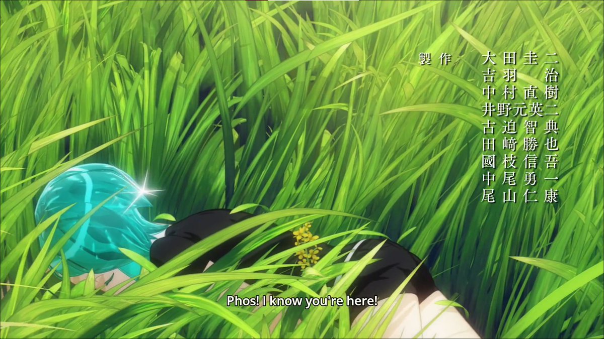 It's a direct parallel to the beginning of the show. Phos was once a "child" who had no responsibility nor drive, dozing off in the grass. But by the ending, they stand ready in the grass as an "adult", watching for Lunarians, with clear duty and will.