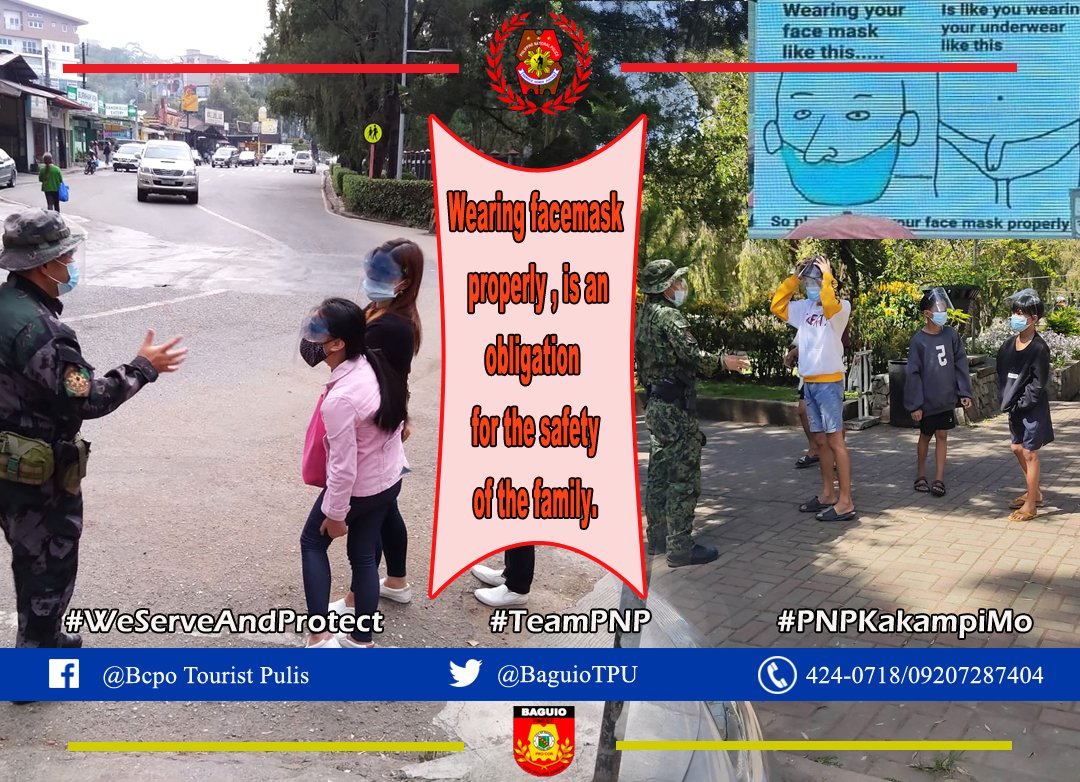 BaguioTPU's tweet photo. 👮Paalala sa ating mga kababayan.. Isuot nang tama ang ating facemask.
#COVID19
#MagIngatPoTayo
#LetsVoltinAndWeFightAsOne
#PNPKakampiMo
#PNPToServeandProtect
#PROCOR
#TEAMBCPO https://t.co/rOClZZZG46