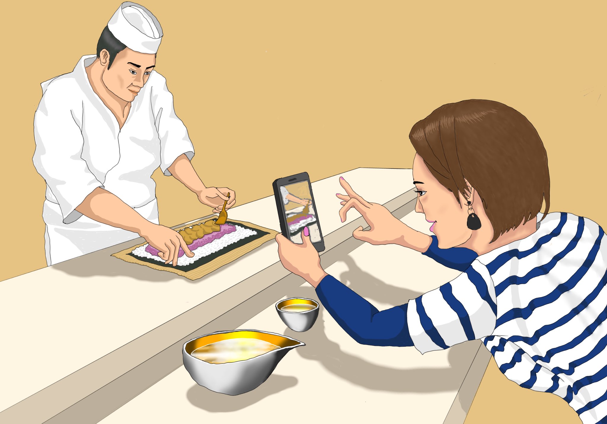 Kit お鮨屋さんにて 大将の手元を撮影するお客さんが シュールだったので まるでカウンター越しの 格闘技のよう Illustration Illustrationart Artwork イラストレーション イラストアート イラストグラム イラスト グラフィックデザイン