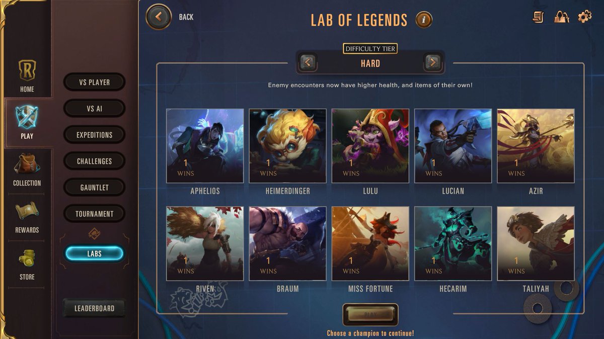 seventwofive's tweet photo. finally beat all of the hard difficulty tier in #laboflegends Onto the heroic difficulty tier! it was the most difficult with Taliyah and then MF as second most difficult. #LegendsOfRuneterra https://t.co/PVSIqjEyHE
