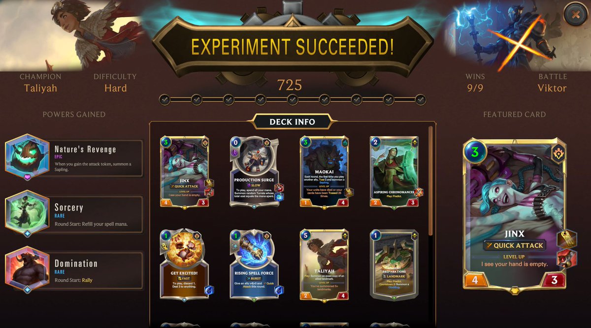 seventwofive's tweet photo. finally beat all of the hard difficulty tier in #laboflegends Onto the heroic difficulty tier! it was the most difficult with Taliyah and then MF as second most difficult. #LegendsOfRuneterra https://t.co/PVSIqjEyHE
