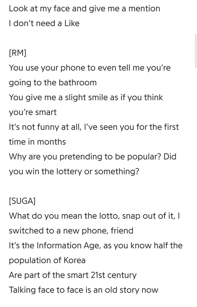 And then you have BTS. First debut album talking about this COULD YOU TURN OFF YOUR PHONE and anthem about the way we are losing the human touch with the advance of technology. +