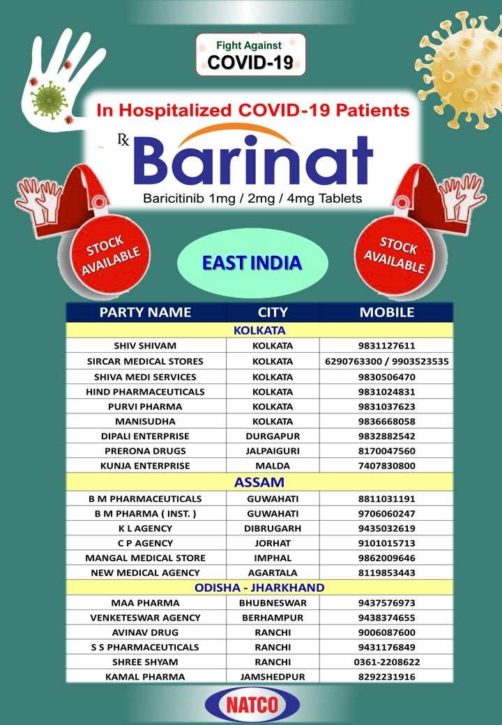 Thread 1/3Barinat (Baricitinib) stockists of  #NatcoPharma in various parts of India as on 8 May 2021 #barinat #baricitinib