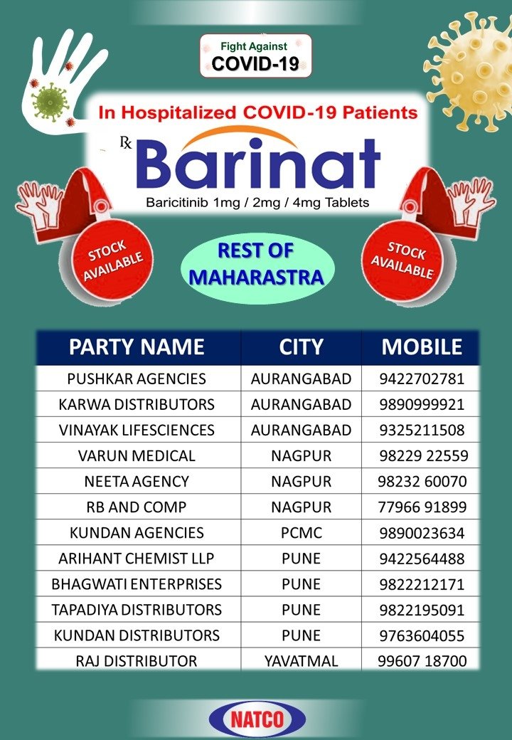 Thread 1/3Barinat (Baricitinib) stockists of  #NatcoPharma in various parts of India as on 8 May 2021 #barinat #baricitinib