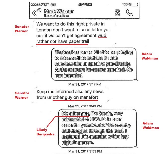 12. What the special counsel did with Dugan's file was pretty astonishing.First they informed Senator Mark Warner that his communications were also intercepted by Dugan. Dugan used the backdoor to Warner by getting the text messages of Adam Waldman.