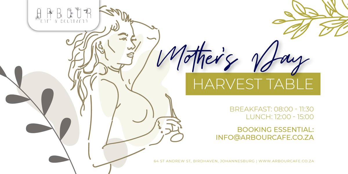 Spoil mom this Mother's Day at #ArbourCafe with a delicious harvest table for breakfast or lunch.

Breakfast: 08:00 - 11:30 | Lunch: 12:00 - 15:00

Booking essential: info@arbourcafe.co.za

#ArbourDelicious #MothersDay #SpoilMom