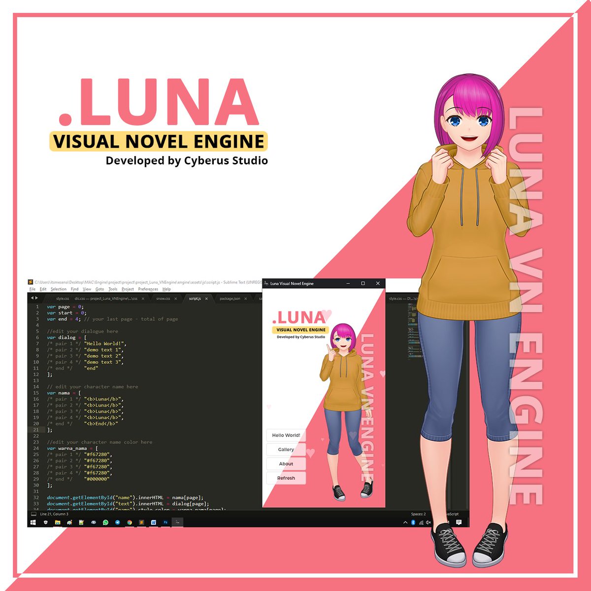 jurnalsenamyid's tweet photo. Luna Visual Novel Engine is now available on @itchio
Download link: - https://t.co/MooMji8eMa
Github: - https://t.co/vGlS6SZAm4
Follow our studio @cyberusstudio #cyberusstudio #lunavisualnovelengine #visualnovel #indiegamedev #javascript #TheToolJam https://t.co/NulOeog8hb