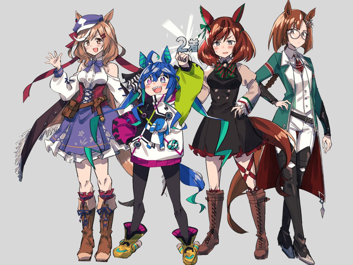 matikane tannhauser (umamusume) ,nice nature (umamusume) ,twin turbo (umamusume) animal ears 4girls multiple girls horse ears tail boots horse tail  illustration images