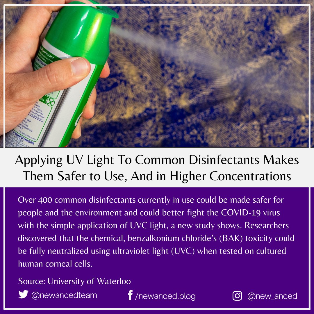 sciencenstuf's tweet photo. Applying UV Light To Common Disinfectants Makes Them Safer to Use, And in Higher Concentrations
Source: University of Waterloo
📷 Squirrel_photos from Pixabay
#health #news #uvlight #disinfectant #covi19 #safeusage #cornealcells #universityofwaterloo
https://t.co/ztIUUnx2UQ https://t.co/G0zl7LgnCp