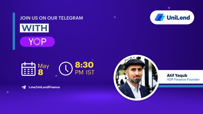 Maker22Play's tweet photo. 📢📢
Join Live AMA with YOP founder - Atif Yaqub
Participate &amp; win $200 in $YOP

To Win: 
1️⃣ Follow @UniLend_Finance &amp; @YOPfi
2️⃣ Join https://t.co/uVPDuXgSnz
3️⃣ Like &amp; RT &amp; Tag 3 friends

📅Date: May 8th
⏲️Time: 8:30PM IST https://t.co/8ixtjsRxlQ