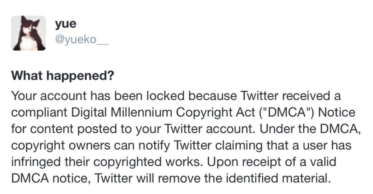 PSA FOR ARTISTS.PLS RT &  @TwitterSupport A number of artists are currently being attacked by false DMCA claims in an attempt to dox them. Several have had their accounts suspended, including Yueko in the last few minutes. DO NOT give out your personal info in the counter claim