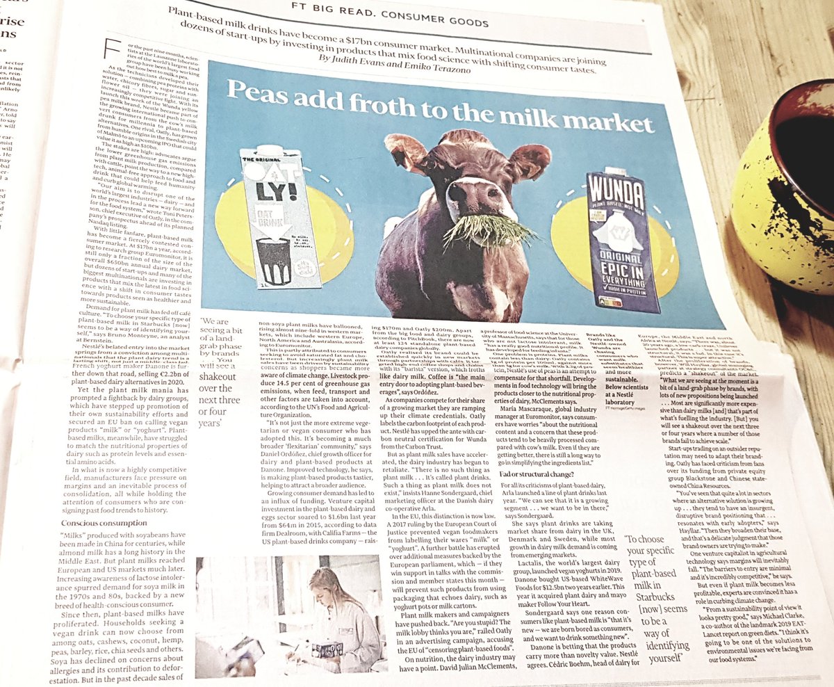 Practically a full-page plant milks piece in the <a href="/FT/">Financial Times</a> this weekend ... "experts are convinced plant milks have a role in curbing climate change." #PlantBased #ClimateEmergency