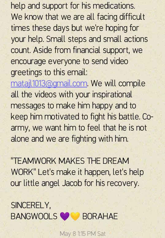 QhrystynY's tweet photo. We really appreciate to all PH and International armys who will give their inspirational messages and funds for Jacob. You can send your video here 👉matajl1013@gmail.com 💜💛☝️🙏💪

Jacob Facebook page : 
https://t.co/ZppLHwdcGy

Jacob Gofundme: 
https://t.co/5e1w0isMck https://t.co/HO9vDIpmS9