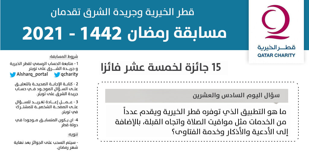 alsharq_portal's tweet photo. ↙️🌙 قطر الخيرية وصحيفة الشرق تقدمان مسابقة رمضان 1442- 2021..
🔹سؤال اليوم السادس والعشرين:

⬅ ما هو التطبيق الذي توفره قطر الخيرية ويقدم عدداً من الخدمات مثل مواقيت الصلاة واتجاه القبلة، بالإضافة إلى الأدعية والأذكار وخدمة الفتاوى؟
@qcharity
#رمضان_مبارك https://t.co/FPeNP0vmSd