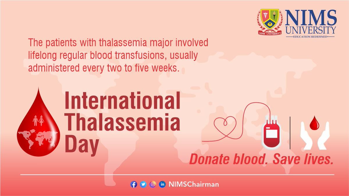 Prof. (Dr.) Balvir S. Tomar (@nimschairman) on Twitter photo I appeal to you to bring awareness among the society for the people with #thalassaemia, and those who work and live with them on the occasion of #InternationalThalassemiaDay. Donate blood and save lives.
<a href="/RaghusharmaINC/">Dr. Raghu Sharma</a> #ITD2021 #NIMSUniversity #NIMSMedicalCollege #NIMSChairman I appeal to you to bring awareness among the society for the people with #thalassaemia, and those who work and live with them on the occasion of #InternationalThalassemiaDay. Donate blood and save lives.
<a href="/RaghusharmaINC/">Dr. Raghu Sharma</a> #ITD2021 #NIMSUniversity #NIMSMedicalCollege #NIMSChairman