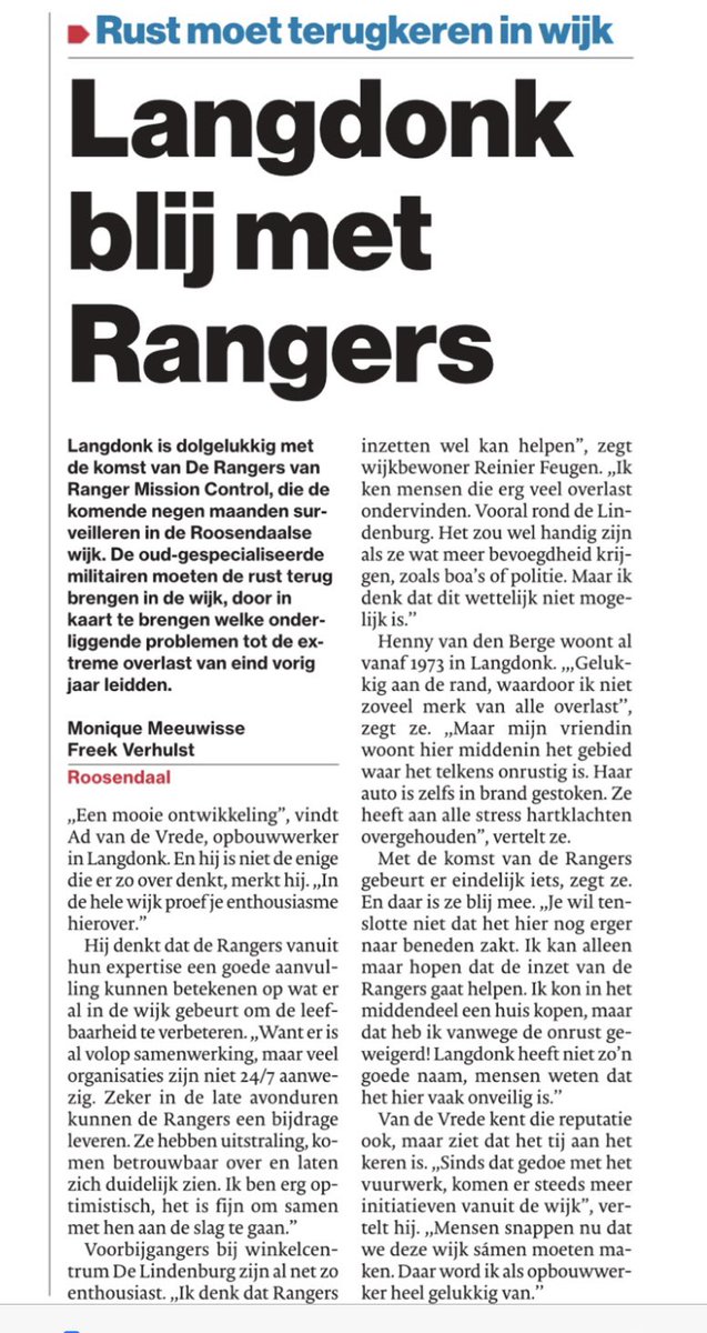 In <a href="/BNDeStemRdaal/">BN DeStem Roosendaal</a> door oa <a href="/Frekie/">Freek Verhulst</a> :samenwerking in de wijk leidt tot meer leefbaarheid,logisch:de wijk maak je samen! #Parkrangers als mede-gastheer! @Politie_Rdaal @WA_Roosendaal_Z <a href="/buurtpreventRSD/">Buurtpreventie Rsd</a> <a href="/WijZijnRsd/">WijZijn Roosendaal</a> @WA_RsdThema @hvmidden <a href="/gem_roosendaal/">Gemeente Roosendaal</a> <a href="/alwelnl/">Alwel</a> #polrsd #Roosendaal