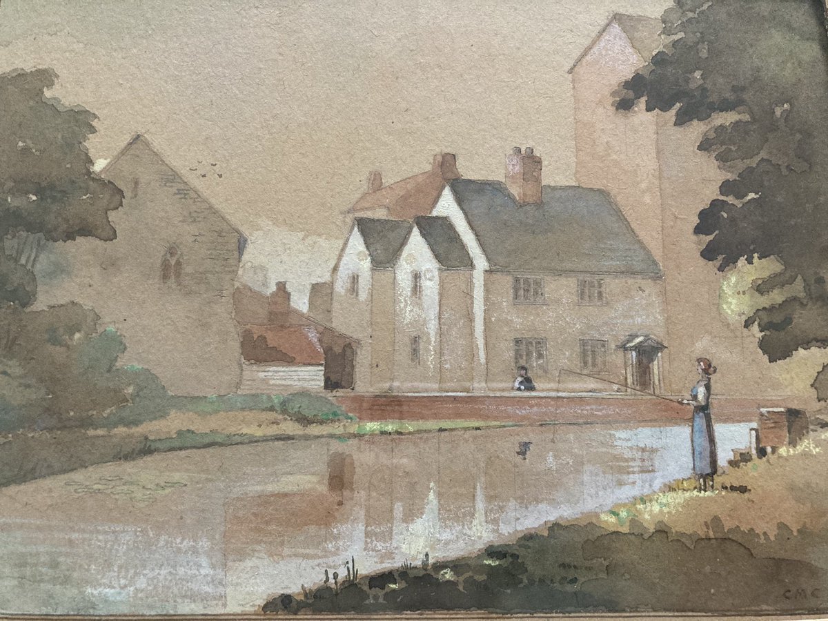Celebrating #NationalMillsWeekend with this unpublished watercolour of the offices at Timmis&Tudor Mytton mill near #Shrewsbury, painted in 1951 by @LetchworthGC architect Courtenay Crickmer. The mill pond was idyllic in summer in the 1960s too. @MillsArchive @uk_flour @ukmills