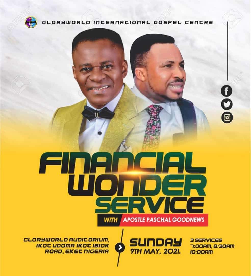 Believing God for an exponential shift financially? Join us this Sunday - 9th May 2021 at The GloryWorld Auditorium - Ikot Udoma/Ikot Ibiok Road, Eket Nigeria. 

3 Services - 7:00am, 8:30am &amp; 10:00am respectively! 

Invite someone and see you there! 

#GloryWorld #GIGCGlobal