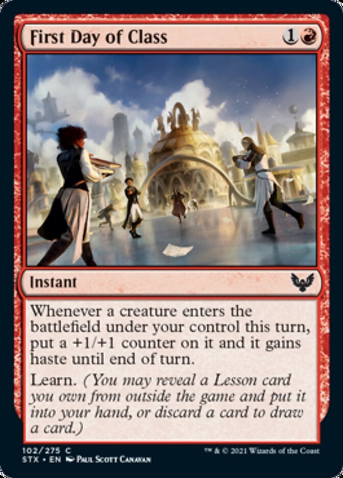 First up, fittingly: First Day of Class (ALSA 9.4, fifth least drafted card by ALSA). A lot of people talk about this card in terms of "yeah all the learn is great, except First Day is trash." And yes, I will admit it's the weakest learn card, but that doesn't make it trash. 2/x