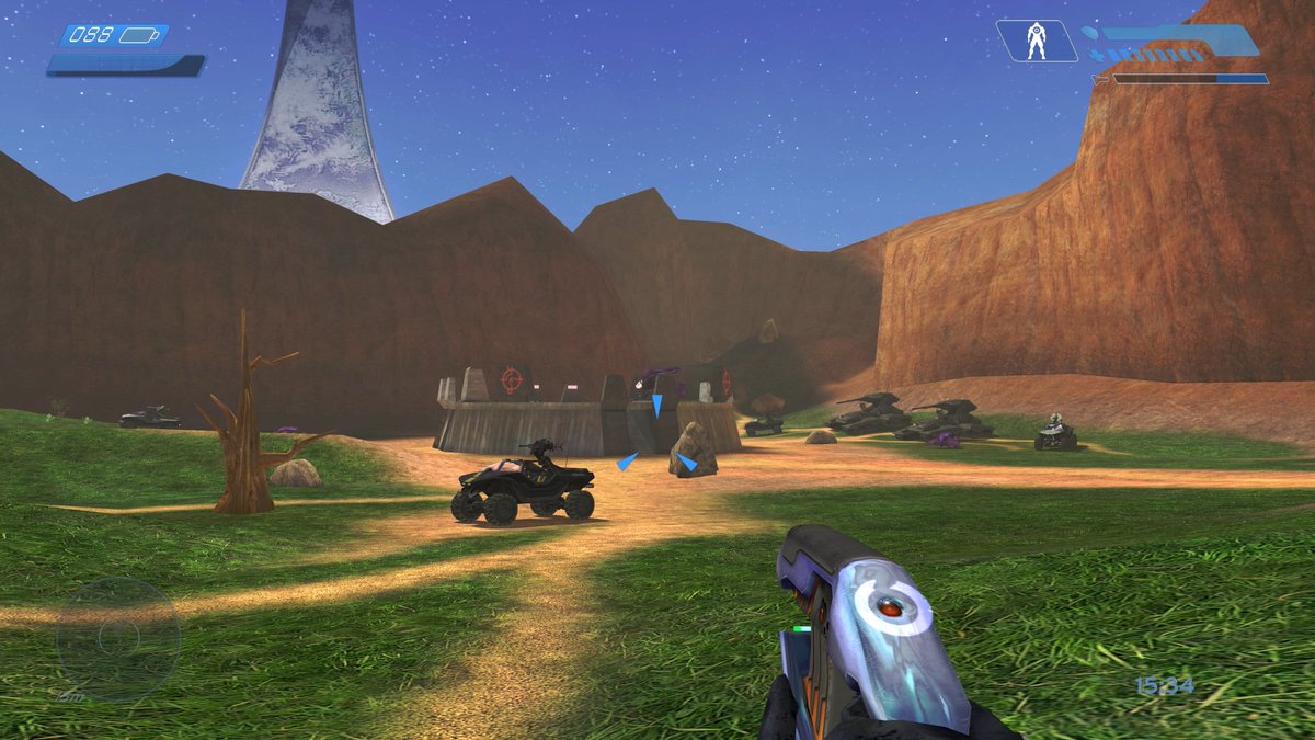A screenshot of Blood Gulch from Halo: Combat Evolved