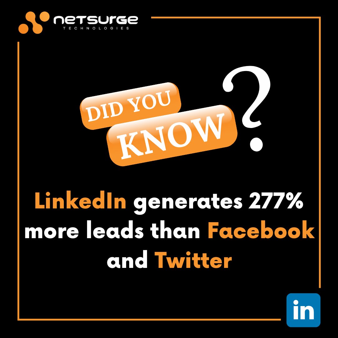 netsurgetech's tweet photo. #LinkedIn generated the highest visitor-to-lead conversion rate at 2.74%, almost 3 times higher than both Twitter (.69%) and Facebook (.77%).
.
.
#SEO #SMM #seoagency #digitalmarketing #PPC #webtraffic #advertising #SEOPartner #SEM #DFYSEO #socialmediamarketing #SocialMedia https://t.co/B7u1ymgr3j