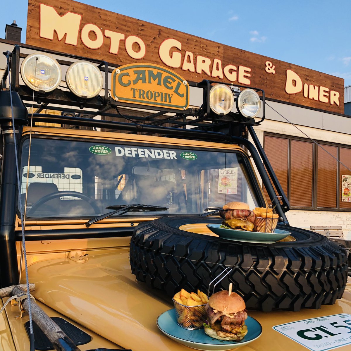 mikebrailey's tweet photo. After stretching the legs of two original Camel Trophy vehicles, we stopped at @motogaragediner in Altenkirchen for an amazing burger in the car park. We’ll be back!
@khalidaljaber 
#LandRover #cameltrophy https://t.co/NL9qzhpTaA
