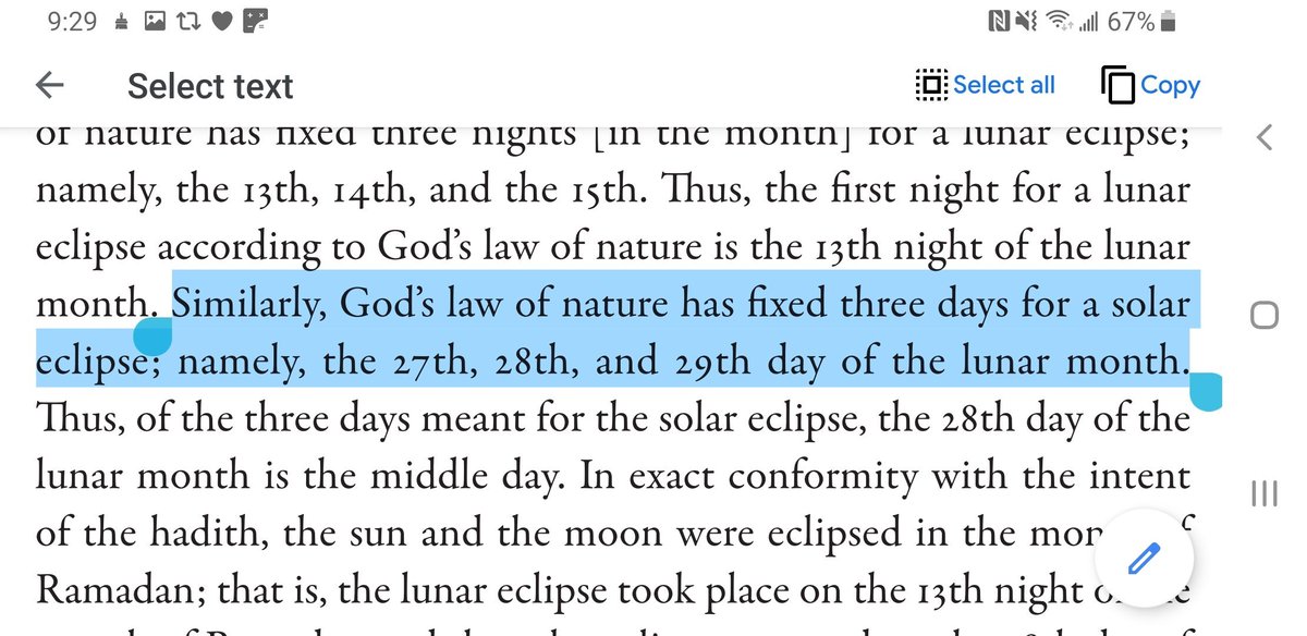 As for the solar eclipse, the Promised Messiah (as) states that Allah has designated the 27th, 28th, and 29th days of each islamic month for solar eclipses. Thus, these three days are the "middle day" described in the hadith. 
