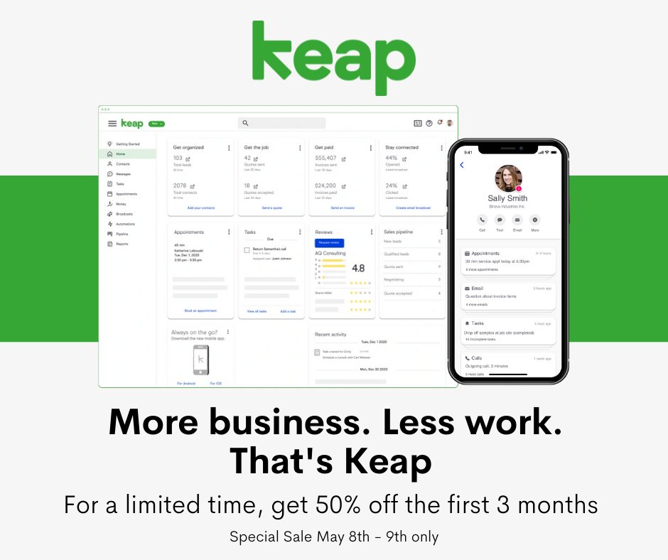 ResourceAttic's tweet photo. Spend less time on mundane tasks and more time focusing on growing your business.
For a limited time, save 50% off your first 3 months with Keap!
Visit https://t.co/a5WySSLwFo to learn more or sign up now. https://t.co/mgsjcaLHHU